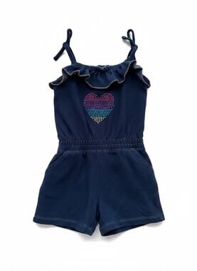 Pink House Ruffled Romper Heart Motive, Baby Size 2T, Navy Blue